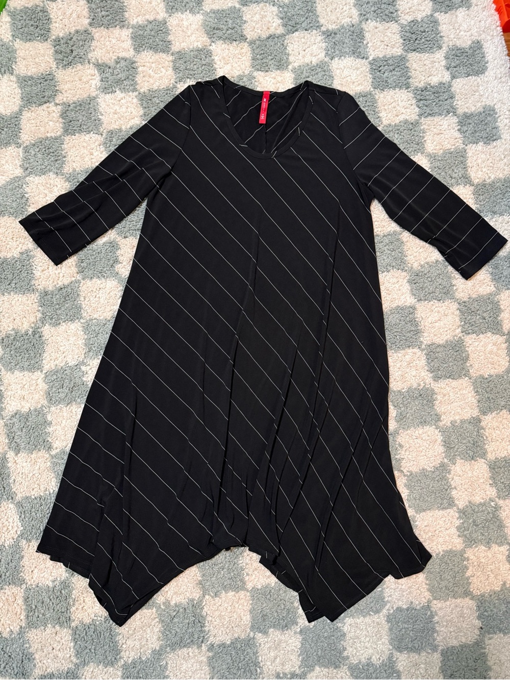 IC by Connie K Black Pinstripe A-Line Handkerchief Shark Bite Hem Dress Medium